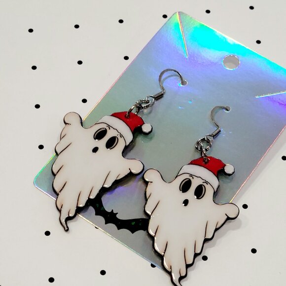 Santa Hat Ghost Earrings Stainless Steel Hooks Halloween On Christmas NEW - Picture 6 of 6